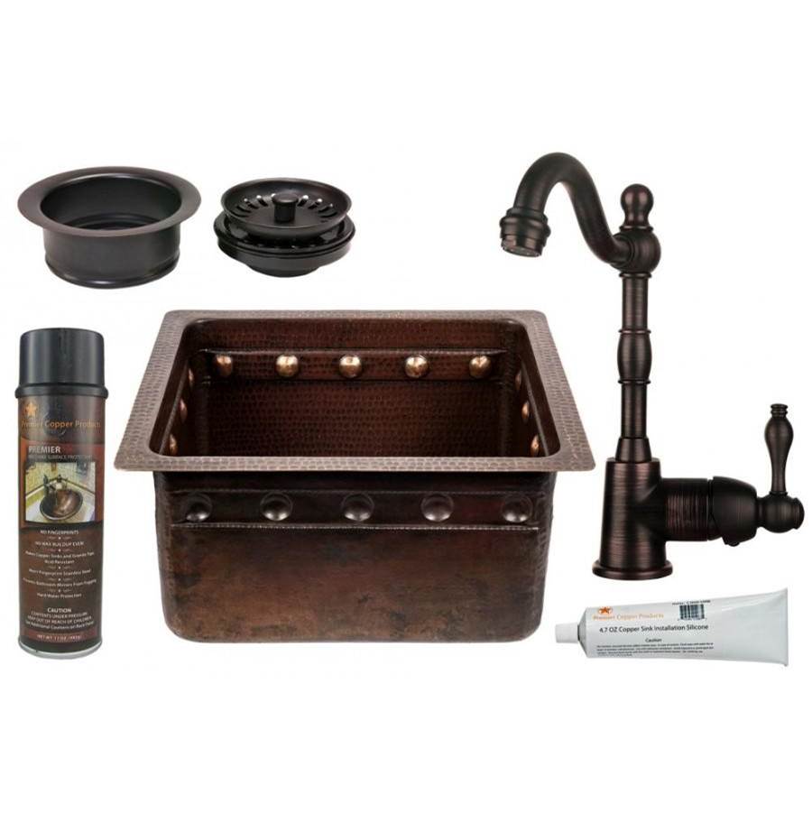Premier Copper Products 16'' Gourmet Rectangular Hammered Copper Bar/Prep Sink, ORB Single Handle Bar Faucet, 3.5'' Garbage Disposal Drain and Accessories