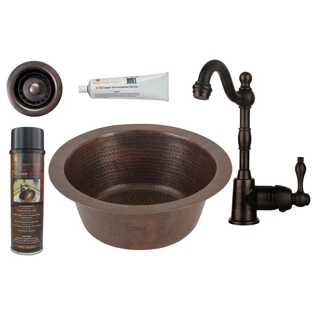 Premier Copper Products 12'' Round Hammered Copper Bar/Prep Sink, ORB Single Handle Bar Faucet, 2'' Strainer Drain and Accessories