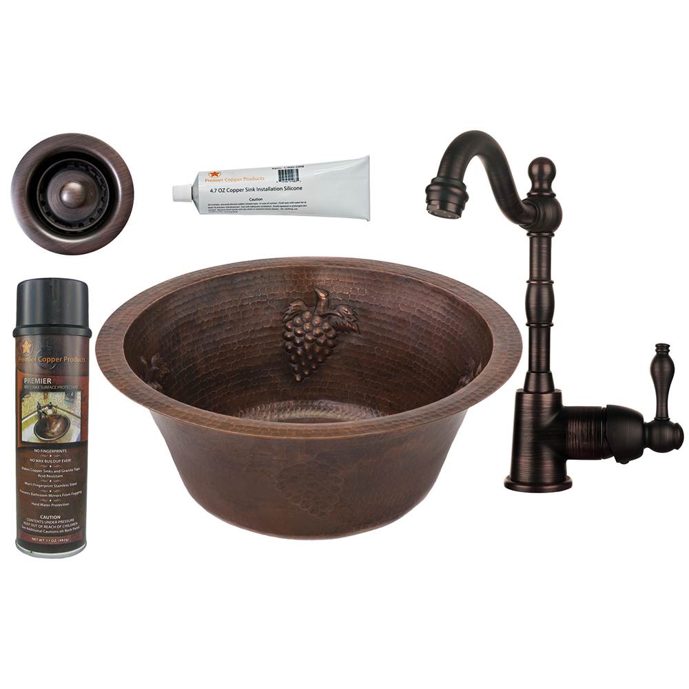 Premier Copper Products 16'' Round Copper Bar/Prep Sink W/ Grapes, ORB Single Handle Bar Faucet, 2'' Strainer Drain and Accessories
