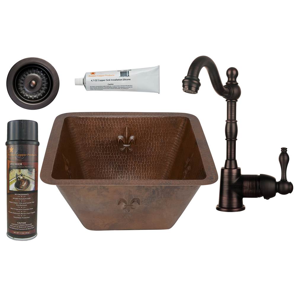 Premier Copper Products 15'' Square Fleur De Lis Copper Bar/Prep Sink, ORB Single Handle Bar Faucet, 3.5'' Strainer Drain and Accessories
