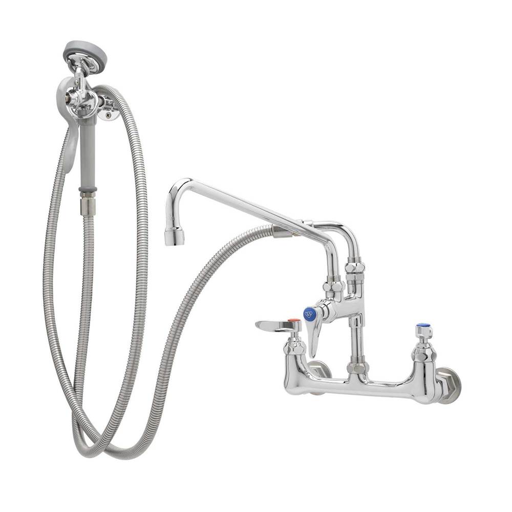 T&S Brass Pre-Rinse: 8'' Wall Mount Base, Add-On Fct w/ 8'' Swing Nozzle, Hose & Angled Spray Valve