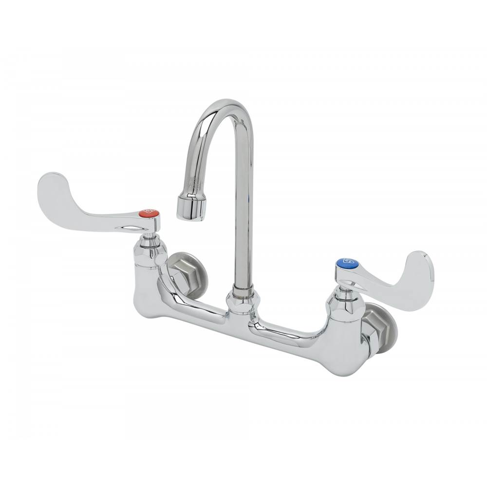 T&S Brass 8'' Double Pantry Faucet, Wall Mount, Eternas, Gooseneck, 1.5 GPM Aerator, 4'' Wrist Handles