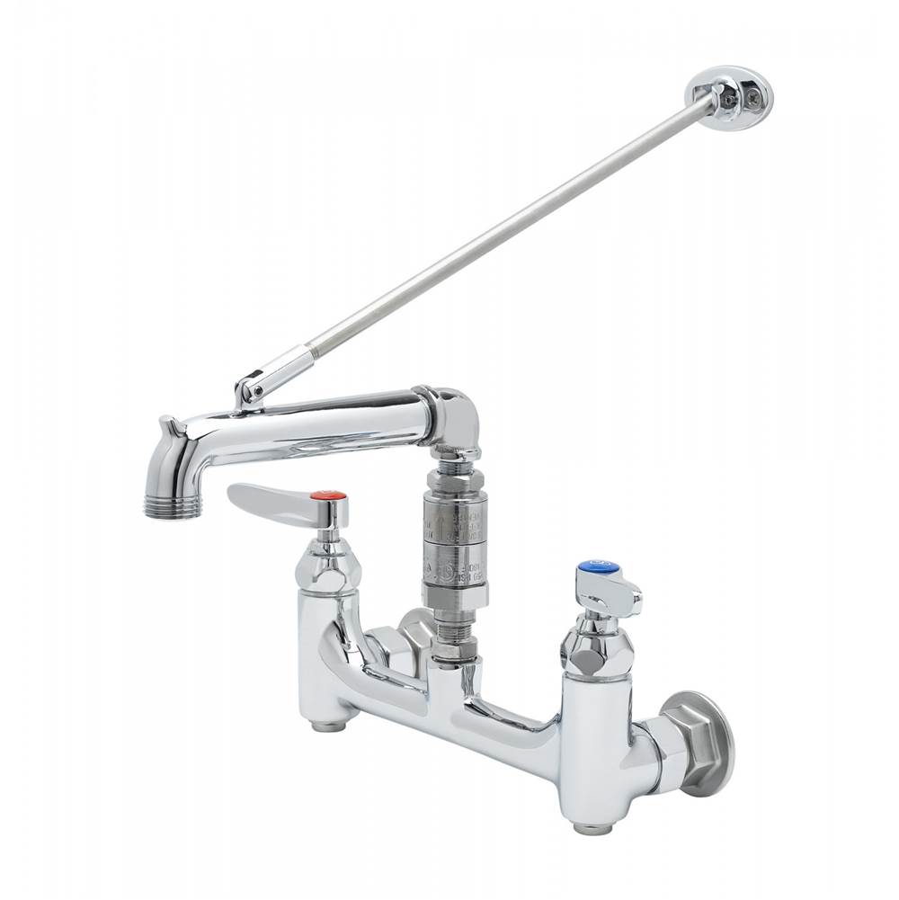 T&S Brass Service Sink Faucet, 8'' Wall Mount, Built-In Stops, Continuous Pressure Vacuum Breaker, Polished Chrome Finish