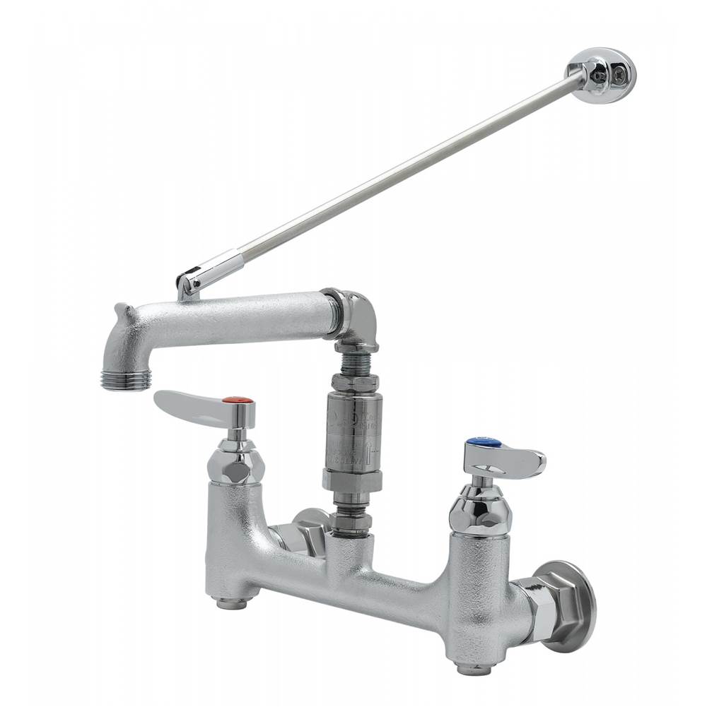 T&S Brass Service Sink Faucet, 8'' Wall Mount, Built-In Stops, Continuous Pressure Vacuum Breaker, Rough Chrome Finish