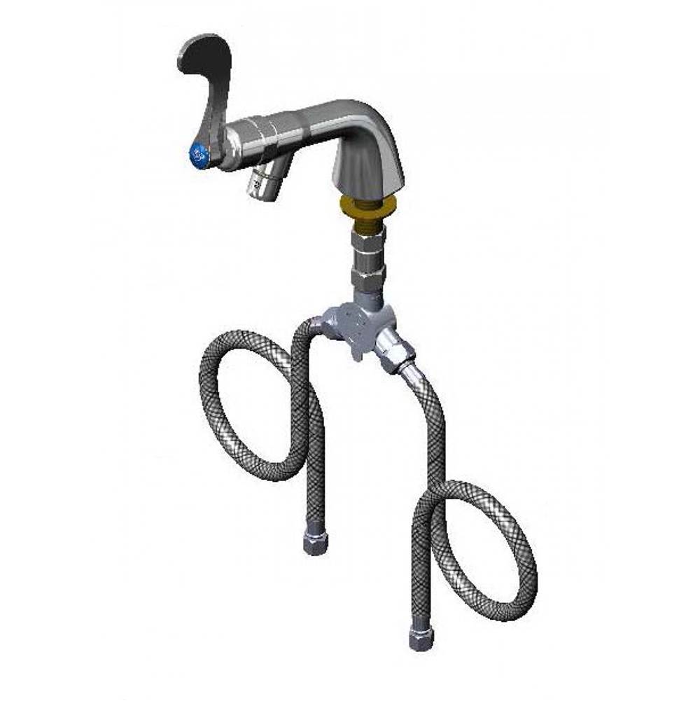T&S Brass Metering Faucet, Single Hole Base, Flex Hoses, 4'' Wrist Action Handle