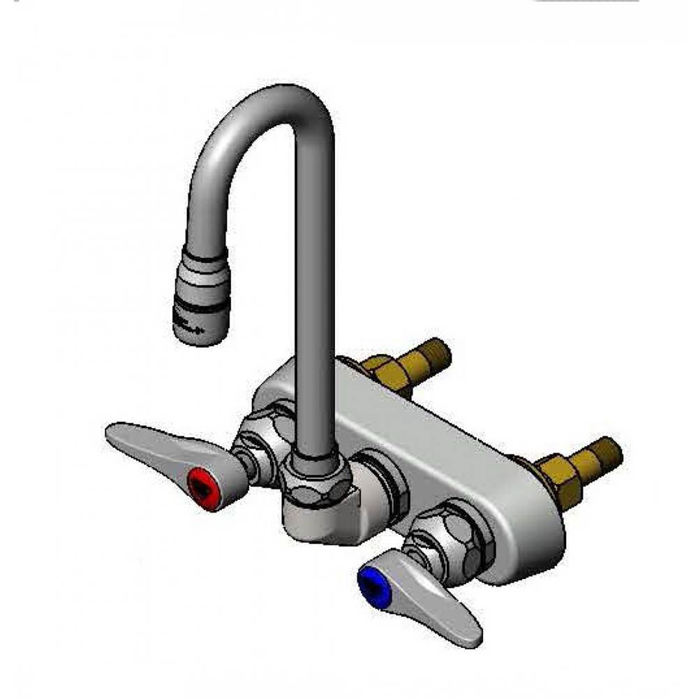 T&S Brass 4'' Workboard Faucet, Wall Mount, Qtr-Turn, Swivel Gooseneck, Lever Handles