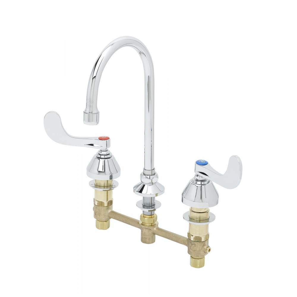 T&S Brass Easyinstall Concealed Widespread w/ Eterna, 4'' Handles, Rigid/Swivel Gn w/ 0.5 Gpm Non-Aerated Spray Device
